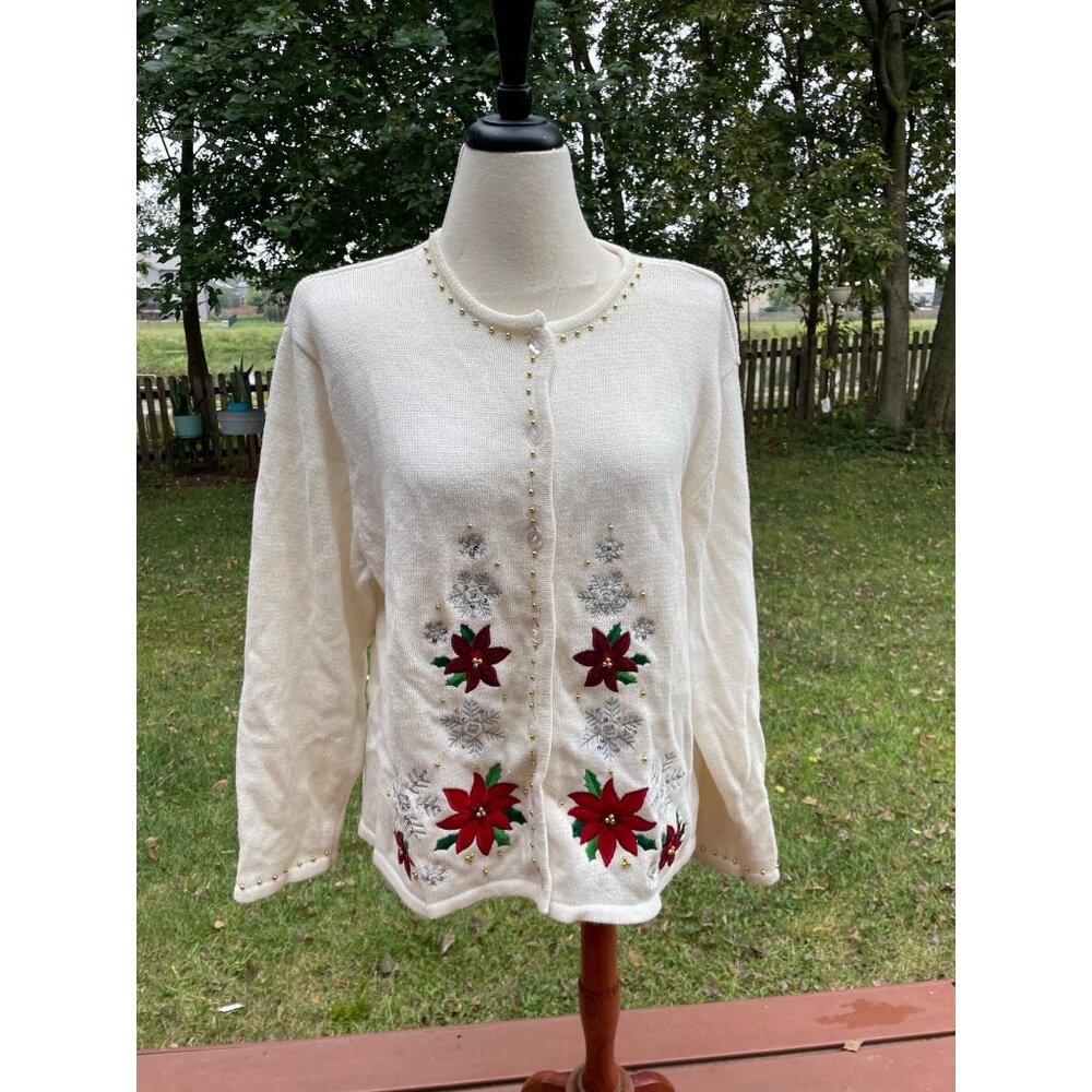 XL Holiday Cardigan Sweater With Beaded Trim & Poinsettia Embroidery Ramie & Cot